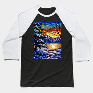 Stained Glass Snowy Winter Scene Baseball T-Shirt